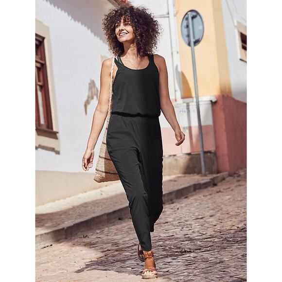 Athleta Roaming Black Sleeveless Smocked Scoop Back Slim Straight Leg Jumpsuit 6 - Picture 1 of 14